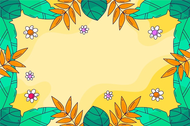 Hand drawn tropical summer background with leaves and flowers