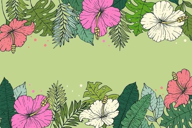 Hand drawn tropical summer background with leaves and flowers