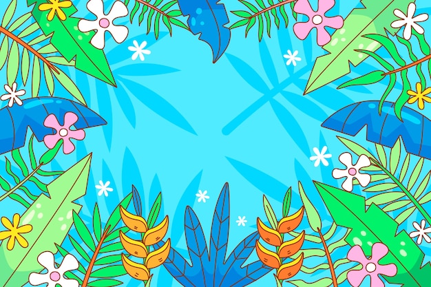 Hand drawn tropical summer background with leaves and flowers