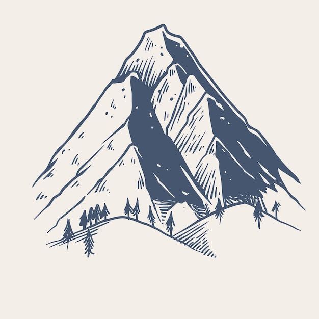 Hand drawn of two big rock Mountain with small pine trees in the mountains Perfect for banner poster and sticker