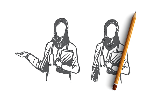 Hand drawn two muslim nurses in clinic concept sketch