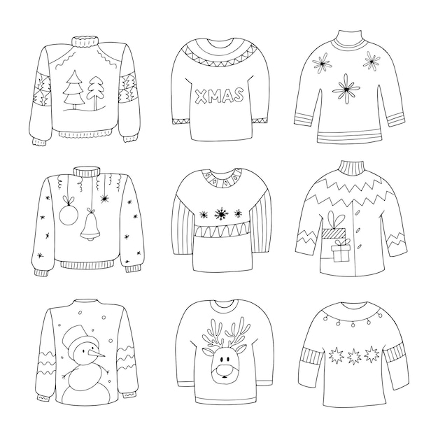 Hand drawn Ugly Sweater set Collection of linear black and white winter sweaters for the holiday Vector doodle illustration