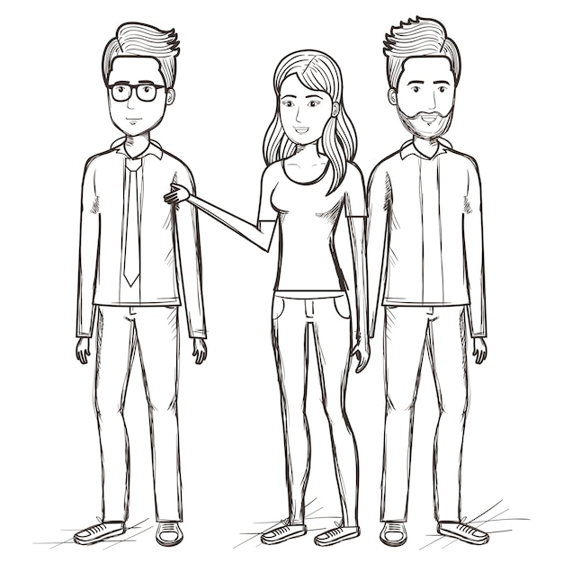 Hand drawn uncolored standing men and woman over white background. Vector illustration.