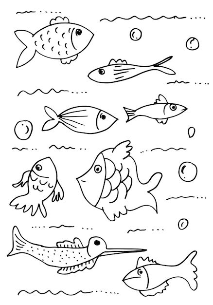 Hand drawn underwater cartoon fish collection. Vector illustration.