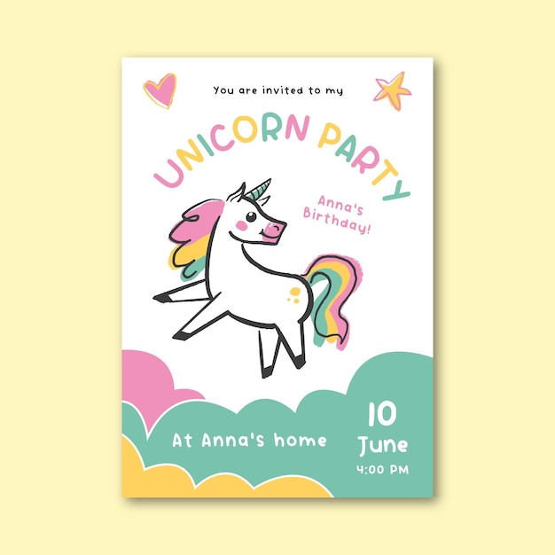 Hand drawn unicorn birthday invitation template