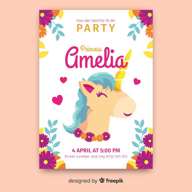 Hand drawn unicorn castle princess party invitation template