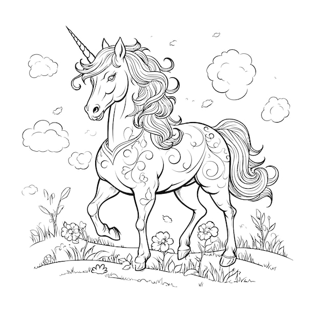 Hand drawn unicorn outline illustration Beatuful coloring page cartoon style