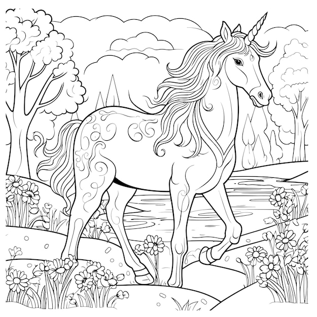 Hand drawn unicorn outline illustration Beatuful coloring page cartoon style