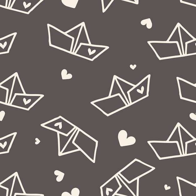 Hand drawn Valentine's day seamless pattern with paper ships and hearts