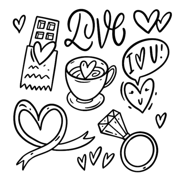 Hand drawn Valentines day elements set Black color vector clipart collection objects