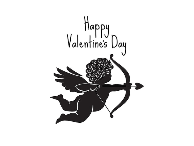 Hand drawn Valentines Day greeting card with silhouette of Cupid aiming bow and arrow