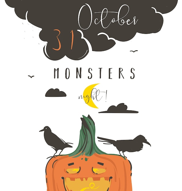 Hand drawn vector abstract cartoon Happy Halloween illustration poster with ravenspumpkinmoon and modern calligraphy phase 31 october monsters night isolated on white background