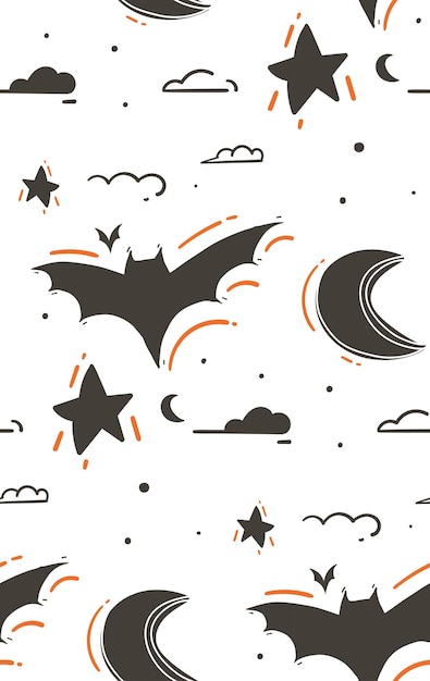 Hand drawn vector abstract cartoon Happy Halloween illustrations seamless pattern with batsstarsmoonclouds isolated on white background