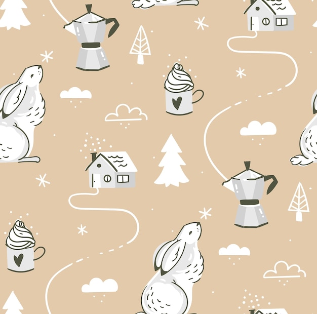 Hand drawn vector abstract cartoon scandinavian Christmas outdoor landscape seamless pattern with rabbitcoffeemugchristmas treeshouses and snowflakes isolated on craft paper background