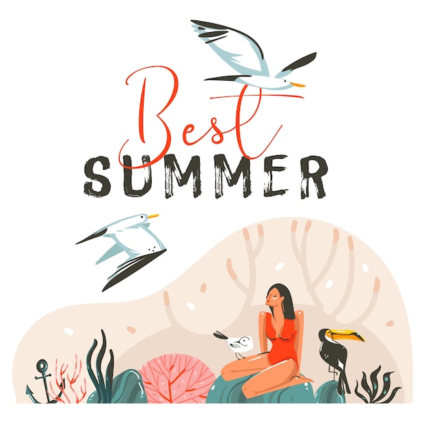 Hand drawn vector abstract cartoon summer time graphic illustrations template cards with girlsea gull birds on beach scene and modern typography Best Summer isolated on white background