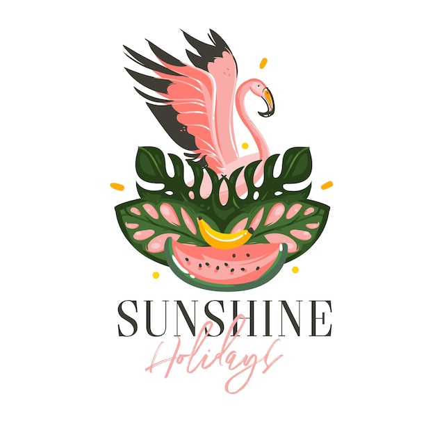 Hand drawn vector abstract cartoon summer time illustrations exotic tropical sign with Flamingo birdwatermelontropical leaves ans Sunshine holidays typography quote isolated on white background