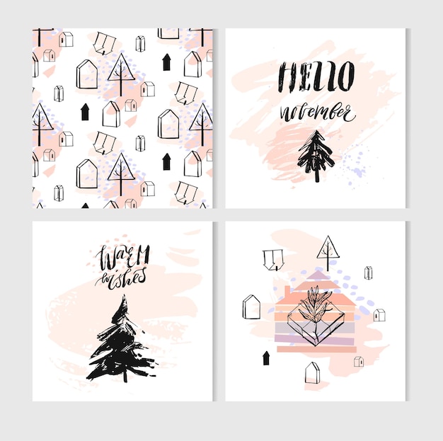 Hand drawn vector abstract Christmas greeting cards collection set with brush painted Christmas treesmodern calligraphydecoration terrarium houses and gifts in pastel colors isolated