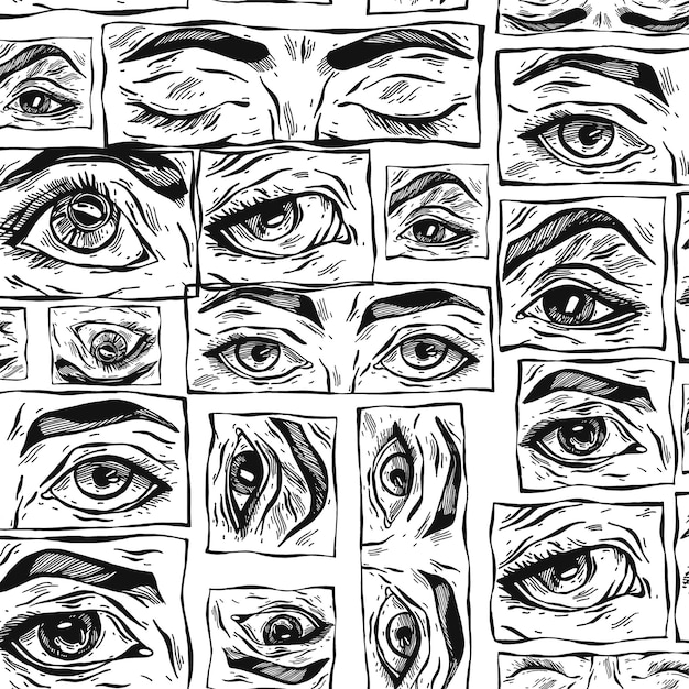 Vector hand drawn vector abstract flat stock graphic icon illustration sketch seamless pattern with manga female eyes and simple textured collage shapes isolated on white background