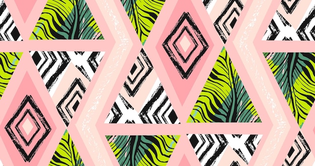 Hand drawn vector abstract freehand textured seamless tropical pattern collage with zebra motiforganic texturestriangles isolated on pastel backgroundWeddingsave the datebirthdayfashion decor