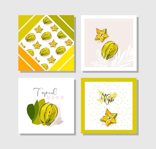 Hand drawn vector abstract freehand textured unusual tropical save the date cards set collection template