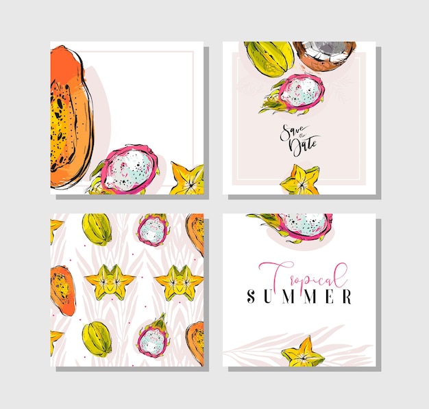 Hand drawn vector abstract freehand textured unusual tropical save the date cards set collection with palm leavesdragon fruitcoconutpapaya and carambola isolated on white background