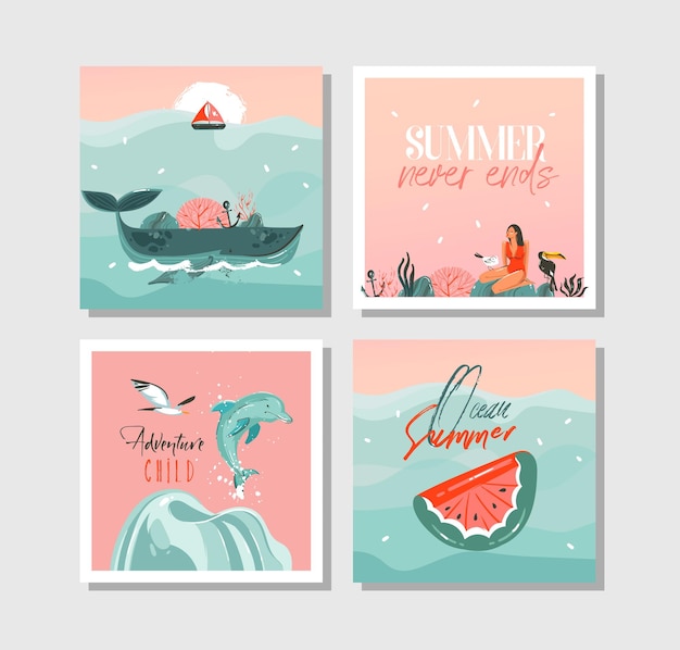 Hand drawn vector abstract graphic cartoon summer time flat illustrations cards template collection set with beach peoplemermaid and whalesunset and tropical birds isolated on white background