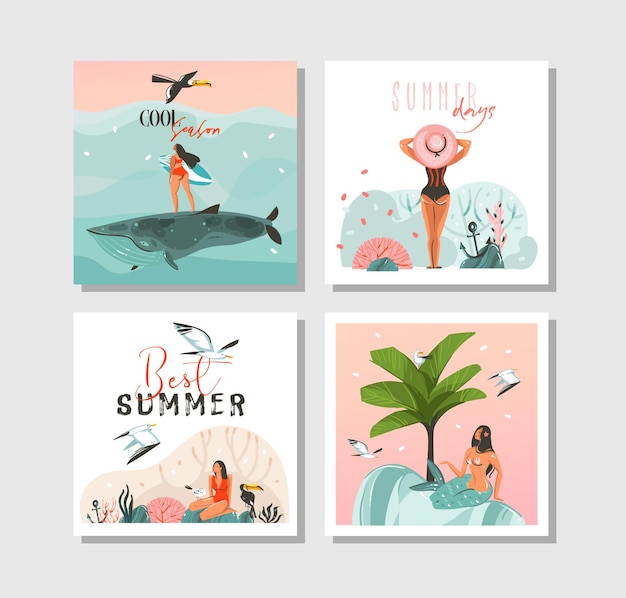 Hand drawn vector abstract graphic cartoon summer time flat illustrations cards template collection set with beach peoplemermaid and whalesunset and tropical birds isolated on white background