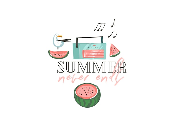 Hand drawn vector abstract graphic cartoon summer time flat illustrations print with watermelonsseagulls and Summer never ends typography quote isolated on white background