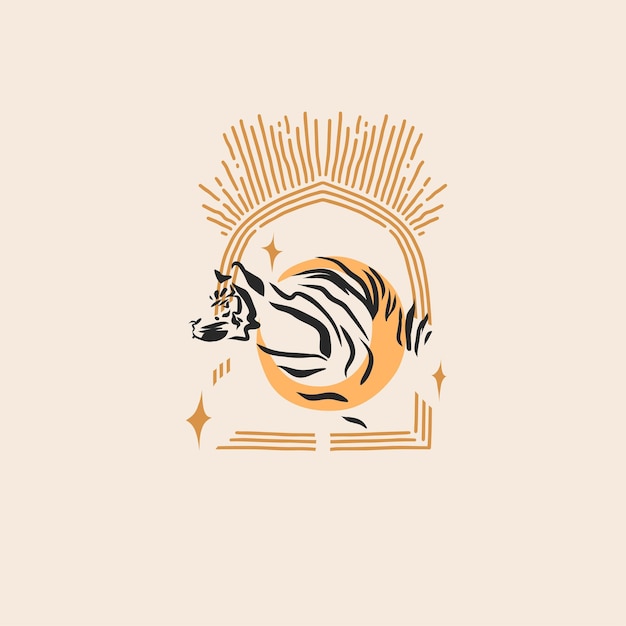 Hand drawn vector abstract graphic illustration celestial design concept with logo line silhouette art of mystic tiger animalsunmoon and starsisolatedMagic drawing tiger iconVector striped tiger