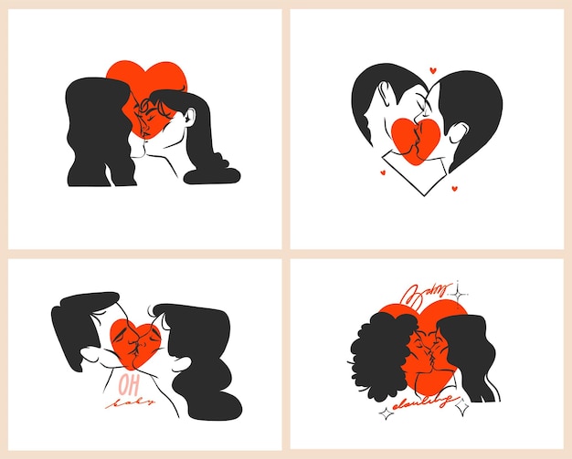 Hand drawn vector abstract graphic illustration Valentines day cards template drawing kissing couple portrait set in heart silhouetteLove couple kissing togetherValentines beautiful design concept