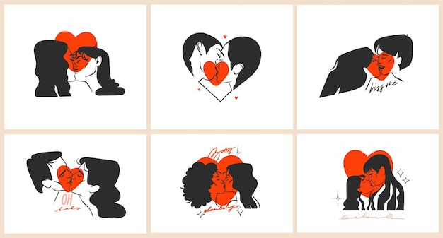 Hand drawn vector abstract graphic illustration Valentines day cards template drawing kissing couple portrait set in heart silhouetteLove couple kissing togetherValentines beautiful design concept