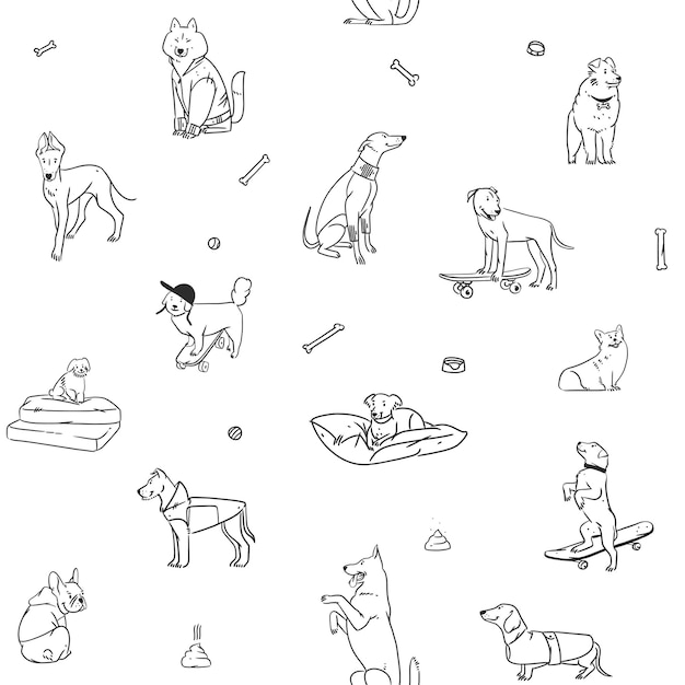 Vector hand drawn vector abstract graphic line art seamless pattern with diverse cute cartoon dogs charactersvector illustration of funny cartoon different breeds dogs in trendy flat style line dog icon