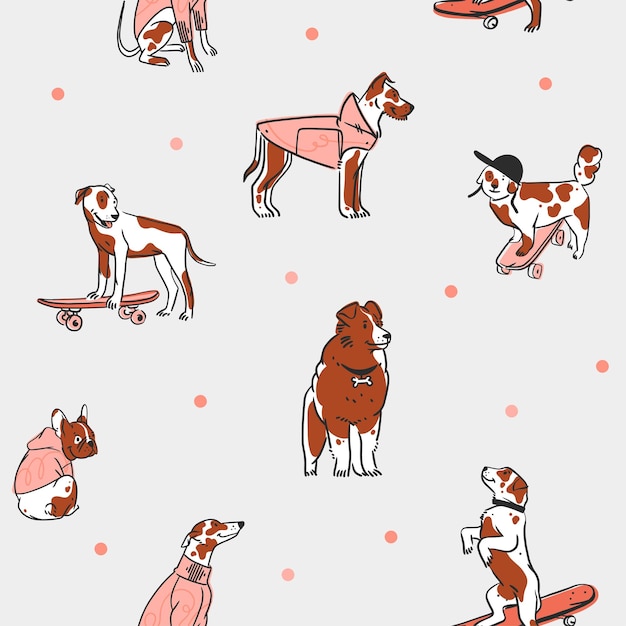 Vector hand drawn vector abstract graphic line art seamless pattern with diverse cute cartoon dogs charactersvector illustration of funny cartoon different breeds dogs in trendy flat style line dog icon