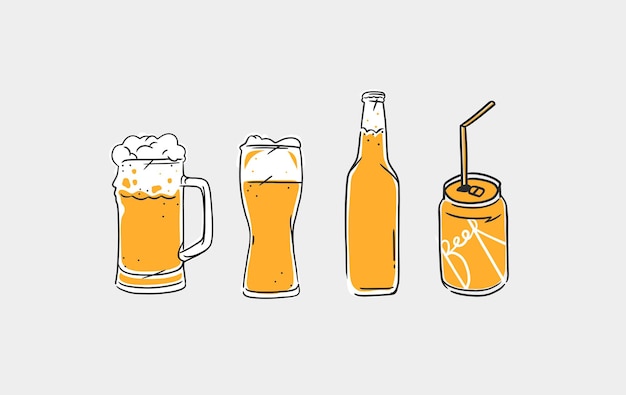 Hand drawn vector abstract graphic line illustration with glass beer mugs and bottle set collection Vector outline beer illustration sketch drawing Vector beer glass isolated element design concept