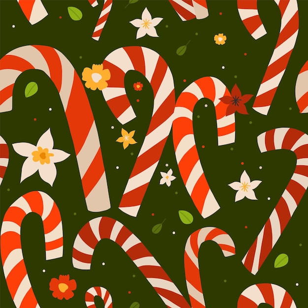 Vector hand drawn vector abstract graphic merry christmas and happy new year clipart illustrations greeting wrapping seamless pattern with flowerscandy canes and leavesmerry christmas design background