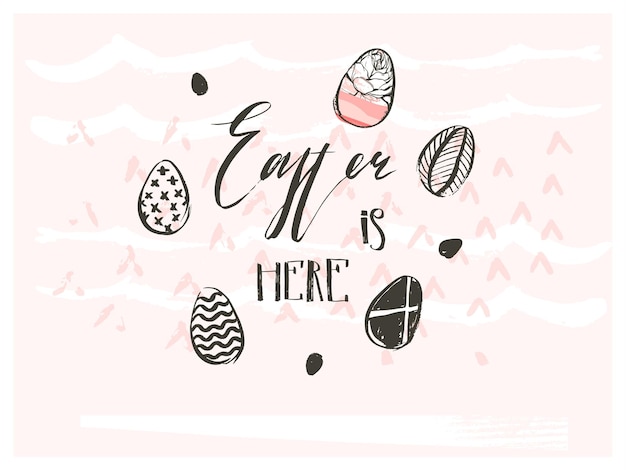 Hand drawn vector abstract graphic scandinavian collage Happy Easter cute simple eggs illustrationstextures greeting card and Easter is here handwritten calligraphy isolated on pink background