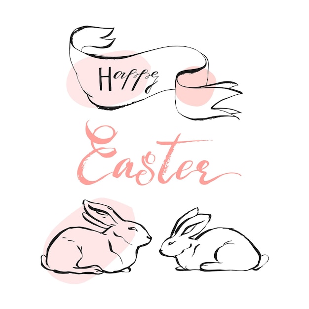 Hand drawn vector abstract Happy Easter greeting illustration with white rabbits and handwritten modern calligraphy quote Happy Easter in pastel colors isolated on white backgroundCute decoration