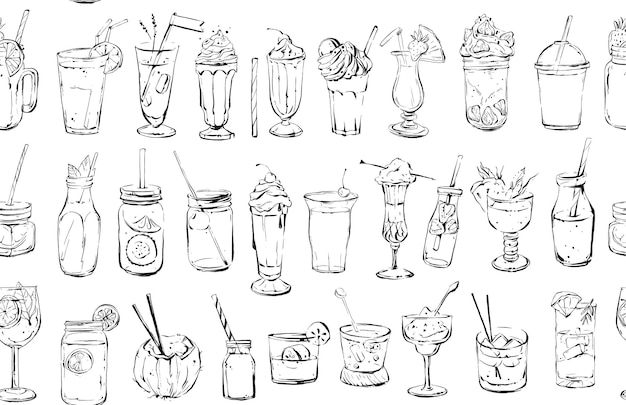 Hand drawn vector abstract ink graphic brush textured sketch drawing seamless pattern with big collection of cocktails and dessert drinks isolated on white background