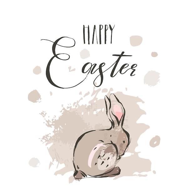 Hand drawn vector abstract ink sketch graphic drawing Happy Easter cute simple bunny illustrations greeting card poster and handwritten calligraphy Happy Easter isolated on white background