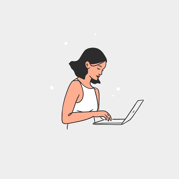 Hand drawn vector abstract line art cartoon illustration with young woman working on laptop in trendy line style Beautiful female characters using laptop Graphic freelance and businesswoman concept