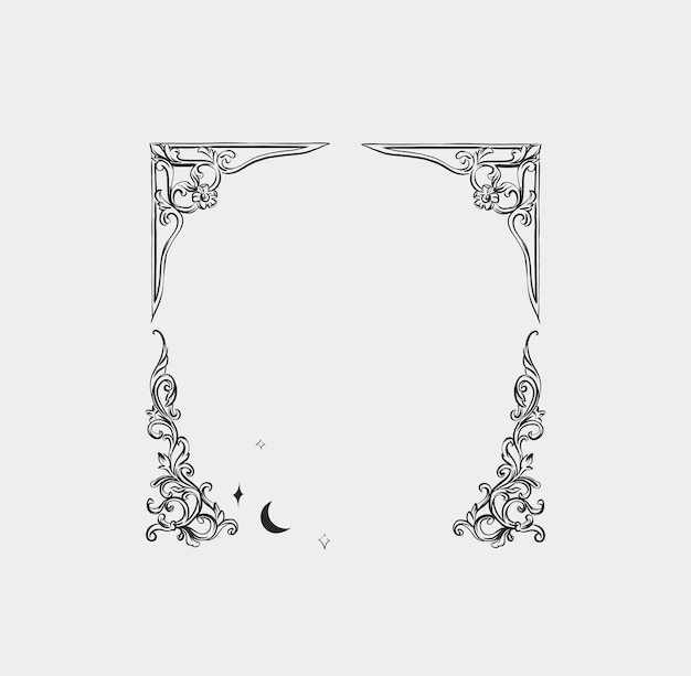 Hand drawn vector abstract outline graphic line vintage baroque ornament floral frame in