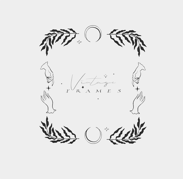 Hand drawn vector abstract outline graphic line vintage baroque ornament floral frame in