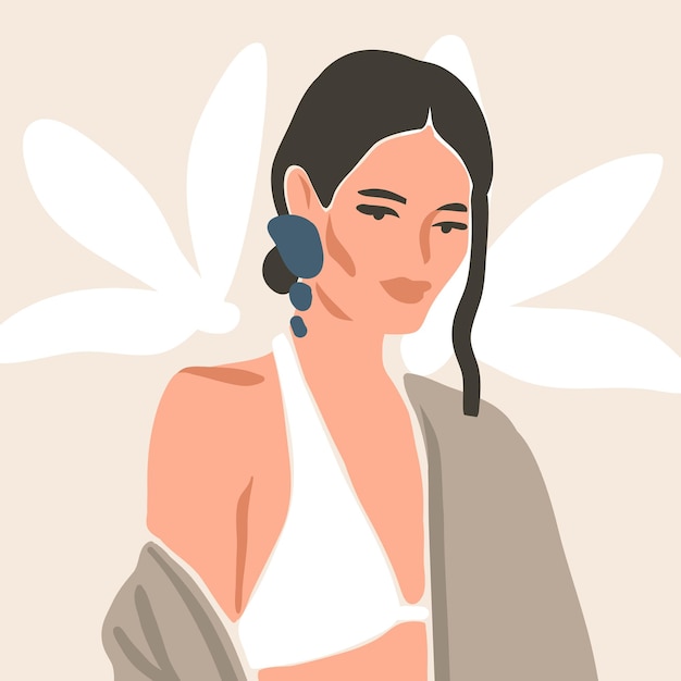 Hand drawn vector abstract stock flat graphic contemporary aesthetic fashion illustration with bohemianbeautiful modern female portrait in simple trendy minimal style isolated on pastel background