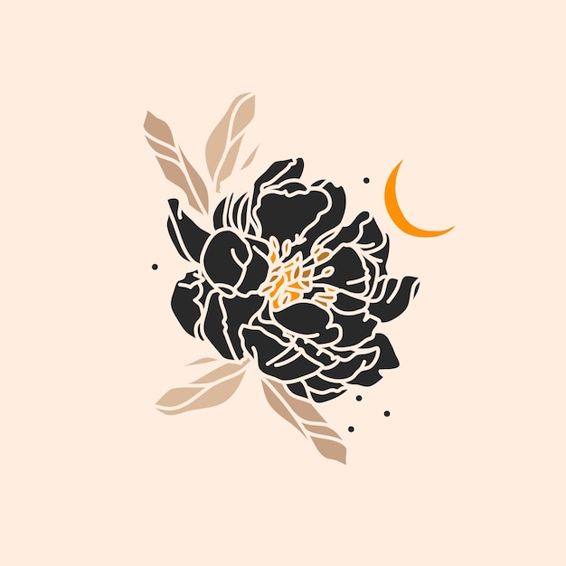 Hand drawn vector abstract stock flat graphic illustration with logo element,magic line art of gold crescent moon and peony flower silhouette in simple style for branding,isolated on color background