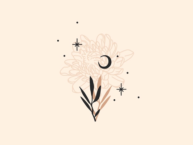 Hand drawn vector abstract stock flat graphic illustration with logo elements, magic line art of peony flower,crescent,moon phase and stars in simple style for branding ,isolated on color background