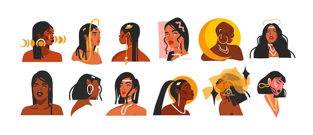 Hand drawn vector abstract stock flat graphic illustrations collection set with ethnicfeminineboho tribal magic beautiful diverse and african american woman portrait facesstars and magic isolated