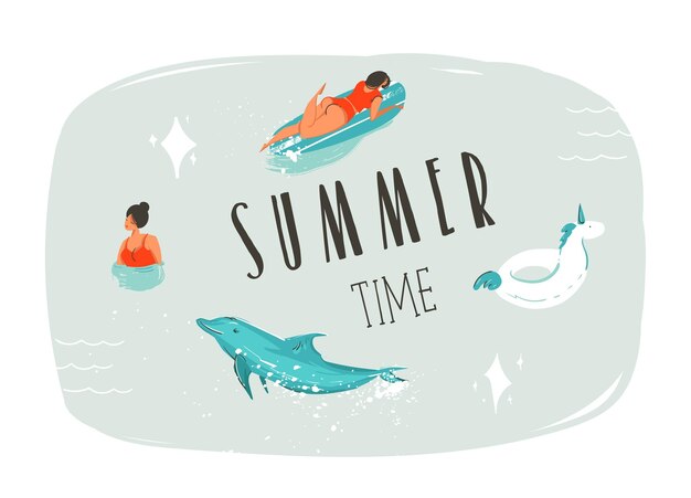 Vector hand drawn vector abstract summer time fun cartoon illustration with swimming peoplesurfer on longboardunicorn float ringdolphin and modern typography quote summer time isolated on blue background