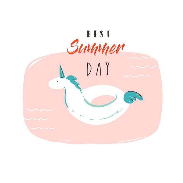 Hand drawn vector abstract summer time fun illustration with unicorn buoy ring