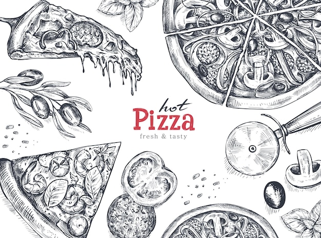 Hand drawn vector background with pizza and ingredients in sketch style Traditional Italian food Can be used for menu