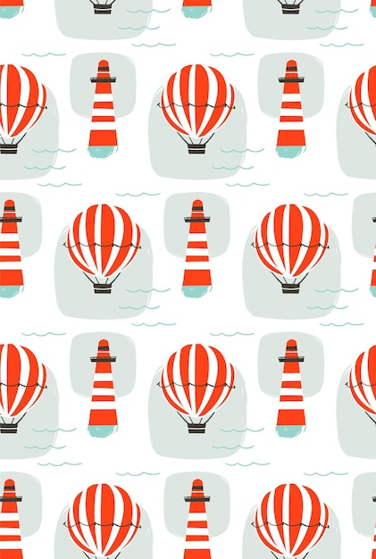 Hand drawn vector cartoon seamless pattern with lighthousehot air balloon and sea waves isolated on white background